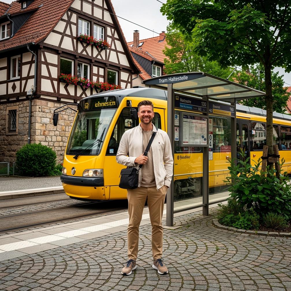 Historische Straßenbahn fährt durch malerische Landschaft im deutschen Mittelgebirge.