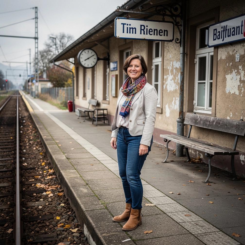Regionalzug passiert idyllischen Bahnhof mit fußgängerfreundlichen Haltestellen in einer Kleinstadt.